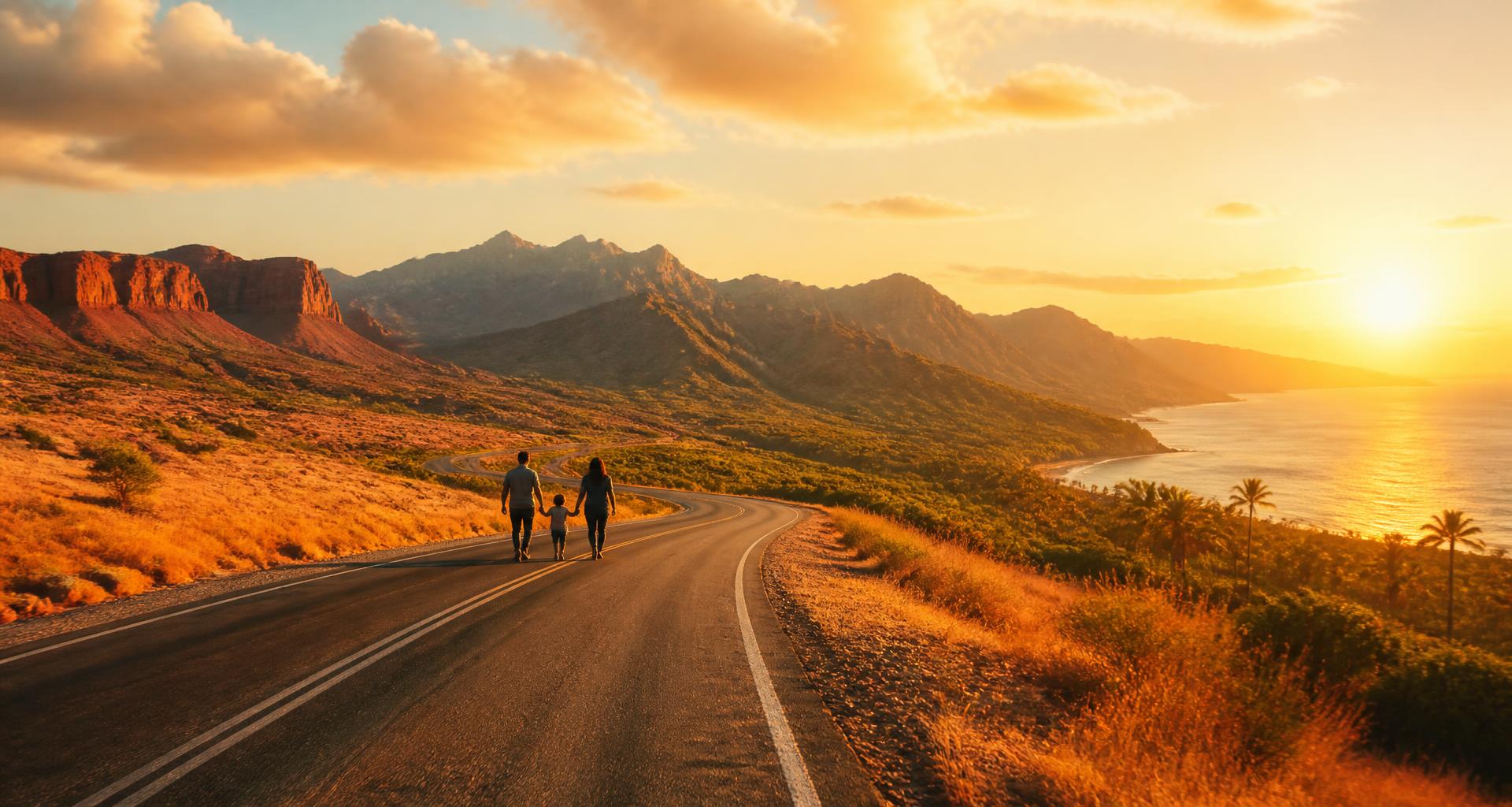 A family of three walking a desert highway at golden hour as it flows into mountains and a tropical coastline